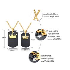 Our Matching Engravable King and Queen Crown Necklaces Set for Couples is suitable for everyday wear. Personalize the pendants with names or any text of your choice in local languages and unique symbols which make the jewelry a romantic Christmas and Valentines gift for men and women. Material: Stainless Steel Men Chain Length: 50cm~19inch Women Chain Length: 50cm~19inch Personalized Black Stainless Steel Necklaces, Customized Black Stainless Steel Necklace, Personalized Black Metal Necklaces, Personalized Black Pendant Jewelry, Personalized Black Pendant Necklace, Black Pendant Jewelry For Personalized Gift, Black Pendant Necklace For Personalized Gift, Customizable Black Stainless Steel Necklaces, Couples Metal Jewelry For Gifts