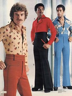 The ’60s were quite eclectic in men’s clothing. Check the platform shoes modeled in a JCPenney catalogue.  Dear Lord - polyester! 1970s Mens Fashion, 70s Fashion Men, 70s Mens Fashion, 1970s Men, Western Outfits Men, 70s Men, 70s Clothing, Disco Fashion, Fashion 1970s