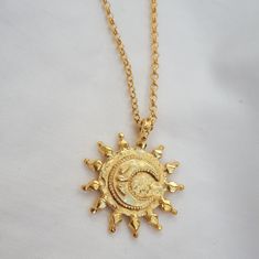 "This hammered coin pendant is edged in delicate polished radiating granulation, and features our dainty crescent Moon in the centre which is edged in delicate beading and has 3 tiny water droplets signifying the ocean being pulled by the moon. The perfect chunky gold pendant for everyday layering. Width of Coin: 2.5cm, 18\" medium round belcher chain with an adjuster at 16\" 18ct yellow gold plated silver" Gold Pendant Jewelry Turkish, Bohemian Crescent Hammered Jewelry, Gold Coin, Water Droplets, I Love Jewelry, Letter Necklace, Dream Jewelry, Coin Pendant, Gold Coins