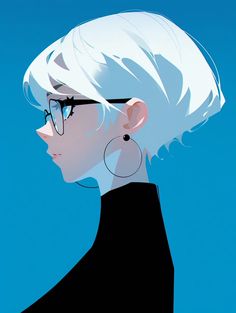 a woman with white hair and glasses looking off to the side in front of a blue sky