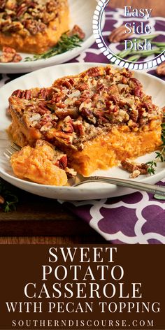 sweet potato casserole with pecan topping on a white plate and purple tablecloth