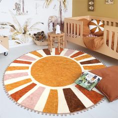 a child's room with an animal themed rug on the floor