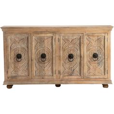 an old wooden sideboard with carvings on the doors and drawers, isolated against a white background