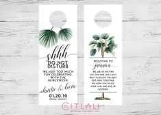 Palm Tree wedding door hangers are perfect for your destination wedding / special event!  The listing is for SINGLE or DOUBLE sided door hangers. The single sided door hangers includes only the "Shhh, Do Not Disturb" message and referred to as the "FRONT". Double-sided door hangers will include a back message as shown or can be changed to include itinerary or other wording specifications. ★ These are fully customizable and will be personalized in your own wording, paper(s) and color(s). Coordinating cards available by contacting us. ★ - - - - - - - - - - - - - - - - - - - - - - - - - - - - D E T A I L S - - - - - - - - - - - - - - - - - - - - - - - - - - - - ★ 4x10.5" size - Single or Double-sided (select from menu's) ★ Door hangers are Printed on your paper selected ★ Minimum 15qty to ord Palm Tree Wedding, Wedding Door Hangers, Palm Wedding, Wedding Doors, Cruise Door, Back Message, Welcome Bag, Wedding Hangers, Wedding Welcome Bags