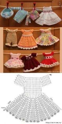 crocheted baby dress and bonnets are displayed on the shelf in this photo