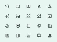 the set of simple line icons includes books, glasses and other things that can be used to