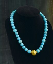 Beautiful turquoise necklace decorated by gold Turquoise Gemstone Beads Pendant Jewelry, Long Necklace With Gold Beads For Jewelry Making, Gold Single Strand Turquoise Necklace, Elegant Turquoise Gemstone Beaded Necklace, Elegant Gold Single Strand Turquoise Necklace, Elegant Gold Turquoise Single Strand Necklace, Turquoise Long Necklace With Natural Stones, Turquoise Natural Stones Long Necklace, Elegant Turquoise Round Beads Jewelry