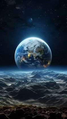 an image of the earth from space with mountains and stars in the sky behind it