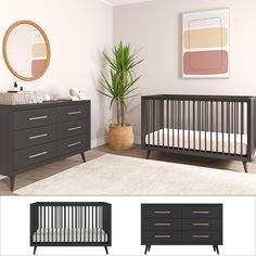 a baby crib and dresser in a room with a potted plant next to it