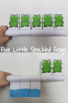 four little speckled frogs stickers on the side of a white surface with blue border