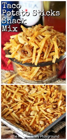 two pictures showing different types of potato sticks in a glass dish with the words, taco potato sticks snack mix