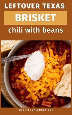 a bowl of chili with beans, cheese and sour cream on top is shown in the foreground