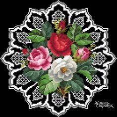 a cross stitch pattern with roses and leaves in the center, on a black background