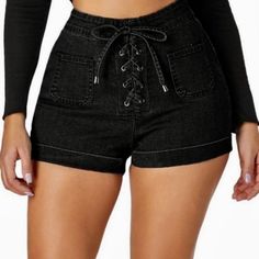 Cotton Lace Up Black Shorts! Brand New! I Have 1 S Left & Large , Xl Which Can Fit Large ! Leave Me A Comment If Any Questions! Brand New! Blue And White Jeans, Womens High Waisted Shorts, Summer Shorts Outfits, Cuffed Denim Shorts, Kris Wu, Smart Casual Outfit, Jeans For Short Women, High Waisted Shorts Denim, Denim Shorts Women