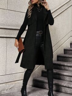 Black Casual Collar Long Sleeve Woven Fabric Plain Other Embellished Non-Stretch  Women Clothing Vest Coat Outfits For Women, Black Coat Outfits For Women, Salon Fits, Long Vest Outfit, Coat Outfits For Women, Trenchcoat Outfit, Black Coat Outfit, Winter Workwear, Trench Coat Outfit