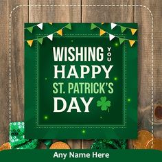 a st patrick's day greeting card with shamrocks and gold coins on a wooden background