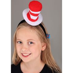 Get ready for some reading-inspired fun when you wear this Dr. Seuss Cat in the Hat Springy Costume Headband! Inspired by the beloved Dr. Seuss character, this adorably recognizable headband features a mini striped felt hat with spring-powered movement, great for adding some fun to any outfit. Nod your head and watch The Cat’s silly hat wiggle along with you. Whether you're getting together a group Dr. Seuss costume for a party, event or heading back to school to get your reading on, you'll be r Fun Adjustable Costume Accessories, Adjustable Novelty Mini Hat For Cosplay, Red Themed Adjustable Costume Accessories, Playful Adjustable Mini Hats For Costumes, Adjustable Themed Mini Hats For Cosplay, Adjustable Novelty White Headband, Novelty Adjustable Headband For Costumes, Adjustable Novelty Headband For Costumes, Cute Adjustable Costume Accessories For Halloween