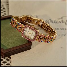 Vintage Style Gemstone-Embellished Copper Band Watch With Square Case, Rhinestone Accents, Quartz Movement, Pearl Mother-Of-Pearl Dial - Elegant Ladies' Jewelry Wristwatch For Daily Wear And Social Gatherings!! Include Hand Band Pin Remover...!! Send Me Offer If Interested! Vintage Gold Watch, Hand Band, Gold Watches, Watch For Women, Hand Watch, Elegant Ladies, Outfit Design, Colored Gems, Watch Collection