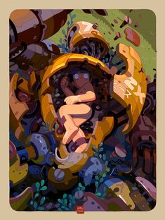 an abstract painting of a person with their hand in the center of a pile of objects