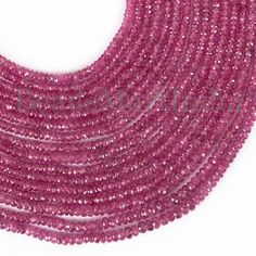 "Measurements From 3-5 mm (Approx.)Drilled Size - .40mm Stone -  RubyStyle - RondelleStrand Measurement - 56 CmAverage Weight- 610 Ct." Elegant Round Spacer Beads, Luxury Rondelle Gemstone Beaded Necklace, Luxury Rondelle Gemstone Beads Necklace, Luxury Rondelle Gemstone Beaded Necklaces, Luxury Beaded Necklace With Polished Rondelle Beads, Rondelle Beads For Jewelry Making, Rondelle Single Strand Beads For Jewelry Making, Necklace Ruby, Ruby Beads