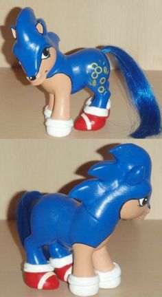 two pictures of a toy pony with blue hair and red shoes on it's feet