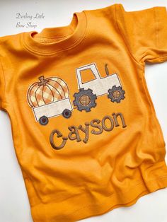 Boys orange Pumpkin Tractor shirt - Darling Little Bow Shop Shirts For Boys, Embroidered Shirts, Bow Shop, Orange Pumpkin, Orange Shirt, Pumpkin Orange, A Pumpkin, Tractor