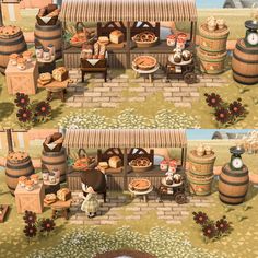 two pictures of people cooking food in front of barrels