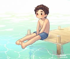 a boy sitting on a dock in the water with his legs crossed and one foot up