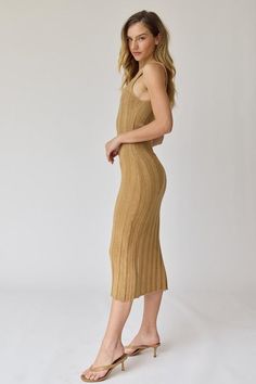 Taupe soft ribbed knit midi dress! -Model is wearing a small Knit Midi, Knit Midi Dress, Sweater Sale, Sales Gifts, Denim Pants, Dresses For Sale, Ribbed Knit, Jumpsuit Romper, Dress Shop