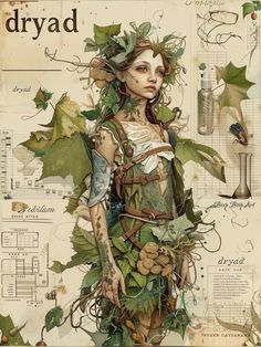 a drawing of a woman with ivys and leaves on her body, surrounded by plants