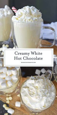 creamy white hot chocolate with marshmallows and whipped cream in two mugs