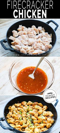 chicken in a skillet with sauce on the side and another photo showing how to cook it