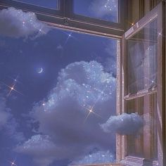 an open window with stars and clouds in the sky