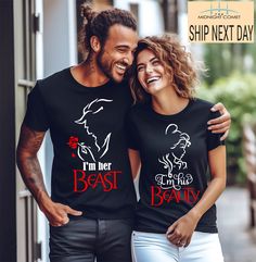 Her Beast, His Beauty, his and hers, couples tees, matching shirts, wife, husband, wifey, hubby, mr and mrs, magic kingdom vibes, mom & dad How to Order: 1. Choose size  from the drop down menus, and add it to your cart YOU WILL GET 2 SHIRTS FOR 1 QUANTITY ALL UNISEX SIZES About the Fit: These are unisex sizing, so be sure to check the measurement chart in the pictures. Shirts run true to size for a unisex, retail fit. Ladies may want to order a size down for a more fitted tee. The sleeves don't Husband And Wife Shirts Matching, Husband And Wife T Shirts, Wife And Hubby Shirts, Hubby And Wifey Shirts, Her Beast His Beauty, Beauty And The Beast Couples Shirts, Monsieur Madame, Couple Tees, Cute Wedding Ideas