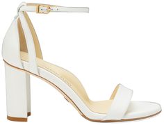 Classic White Sandals With 4-inch Heel, White Calf Leather Heels With Heel Strap, White Calf Leather Heels With 4-inch Heel, Classic White Sandals With Sculpted Heel, White Open Toe Calf Leather Heels, White Calf Leather Open Heel Heels, White Calf Leather Open Heel Shoes, White Square Toe Block Heels With Heel Strap, White Block Heels With Heel Strap And Square Toe