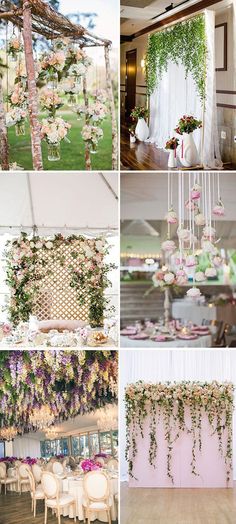 wedding decorations and flowers hanging from the ceiling in different stages of being displayed on tables