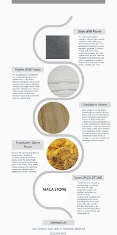 an info sheet showing different types of marbles and flooring materials in various colors