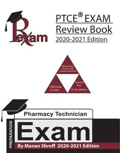 the pharmacy technician exam manual is shown in red and black, with an image of a mortar