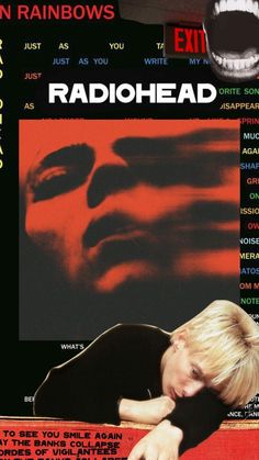 the poster for radiohead is shown with an image of a man's face