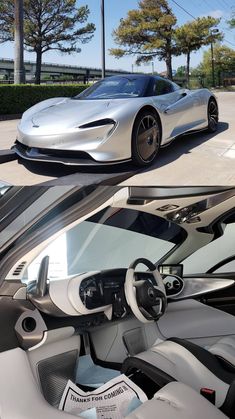 two pictures of the inside and outside of a sports car, one is silver with black accents