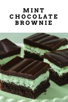 mint chocolate brownie bars on a plate with the words mint chocolate brownie above it