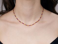 Single-Strand Beaded Necklace in 24k Gold, Thin Gold Tubes from the Vertigo Collection, with Ruby Short Necklace, Beads Necklace, Strand Necklace, Ruby, Beaded Necklace, Beads, Gold