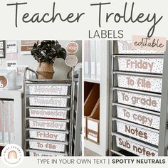 the teacher trolley labels are shown in three different styles