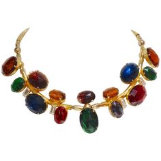 Very Rare and Important piece created by Fiaschi for Emilio Pucci in the 1980's. This authentic vintage Pucci necklace made of plexi glass gem stones in burnt orange, blue, red, green and purple hues with gold hardware. Iconic Pucci watermark signature with tassel. Measurements: L 17" Width of gems 2" 80s Jewelry, 1980s Jewelry, Vintage Choker Necklace, Antique Fashion, Brown Necklace, Mixed Metal Jewelry, Tassel Jewelry, White Gold Necklaces, Designer Fashion Jewelry