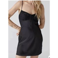 Urban Outfitters Dress Black Satin Mini Dress, Black Slip Dress, Urban Dresses, Urban Outfitters Dress, Lace Inset, Satin Mini Dress, Dress Cuts, Black Satin, Mini Black Dress