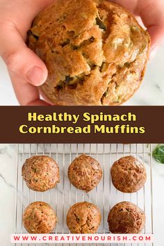 healthy spinach and cornbread muffins on a cooling rack with text overlay reading healthy spinach and cornbread muffins