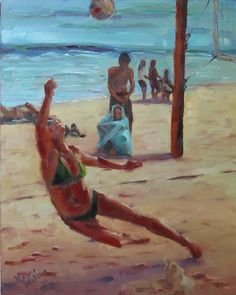 a painting of people playing volleyball on the beach