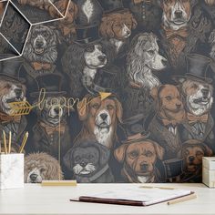 a wallpaper with dogs wearing top hats and bow ties on it's head