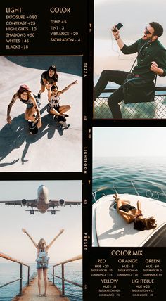 four different shots of people sitting on a boat