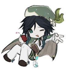 an anime character with long black hair and green eyes sitting on the ground, pointing at something